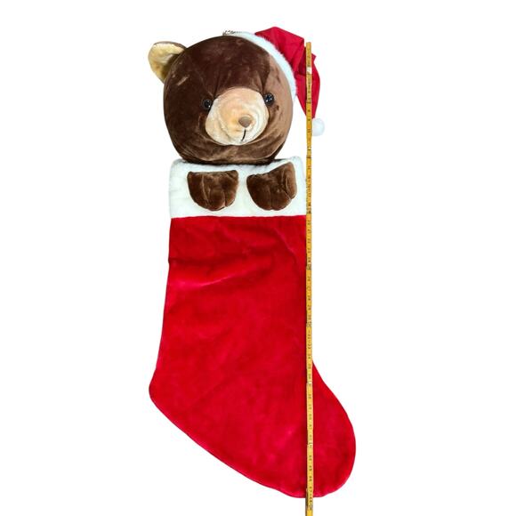 Vintage 80s Christmas Stocking Plush 3D Teddy Bear‎ Santa Hat 48" Humongous XL - Picture 6 of 13